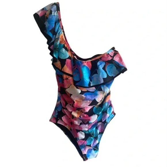 New! Profile by Gottex Color Rush Black Ruffle One Shoulder One Piece Swimsuit - Picture 5 of 8
